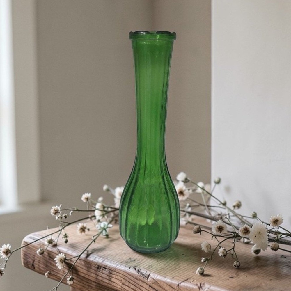 CLG Co. Emerald Green Glass Bud Vase, Vintage‎ Ribbed Design, Replacement Decor
